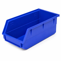 Close-up of the Plastic Parts Bin Hanging Lip hooked securely onto a heavy-duty workshop louvered wall panel.