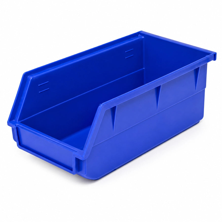 Close-up of the Plastic Parts Bin Hanging Lip hooked securely onto a heavy-duty workshop louvered wall panel.