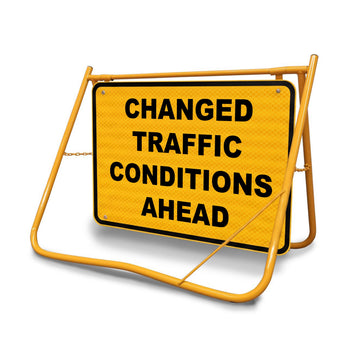 Changed Traffic Conditions Swing Stand Sign, 900x600mm Class 1 Reflective Galvanised Steel Traffic Sign on a Yellow Folding Frame.