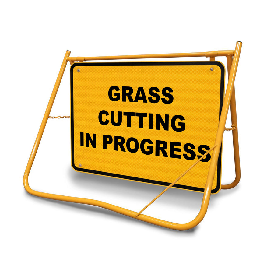 The sign face is made from galvanised steel with Class 1 Reflective sheeting, ensuring the "Grass Cutting" warning is visible during early morning starts or in low-light weather conditions.