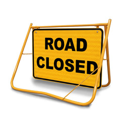 Road Closed Swing Stand Sign, 900x600mm Class 1 Reflective Galvanised Steel Traffic Sign on a Yellow Folding Frame for Road Closures.