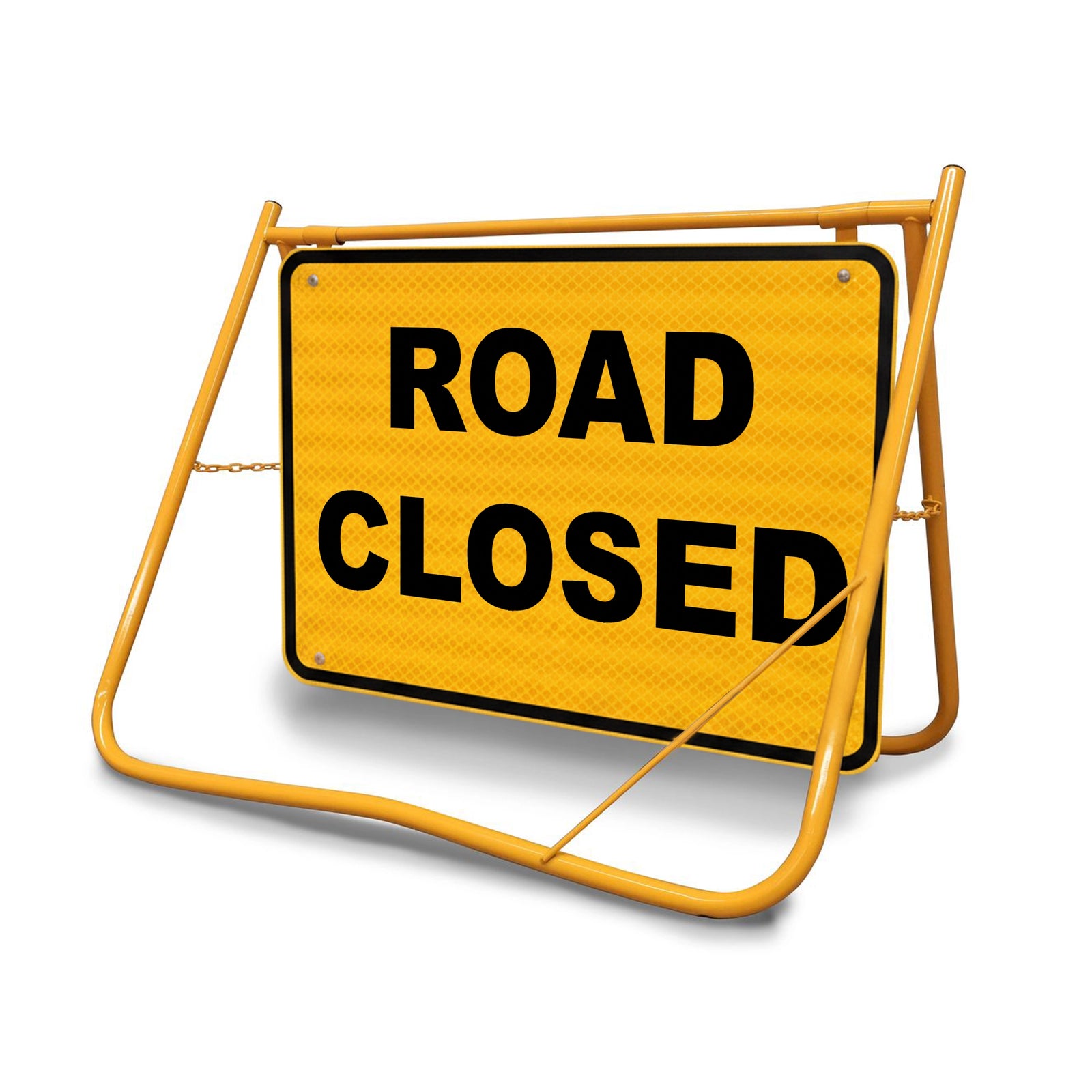 Road Closed Swing Stand Sign, 900x600mm Class 1 Reflective Galvanised Steel Traffic Sign on a Yellow Folding Frame for Road Closures.