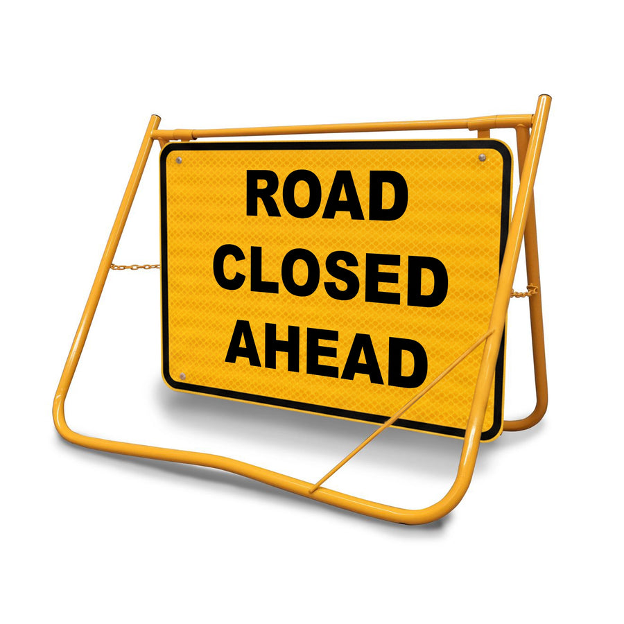 Road Closed Ahead swing stand sign 900x600mm with yellow powder-coated galvanised steel frame
