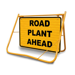 Road Plant Ahead Swing Stand Sign, 900x600mm Class 1 Reflective Galvanised Steel Traffic Sign on Yellow Folding Frame.