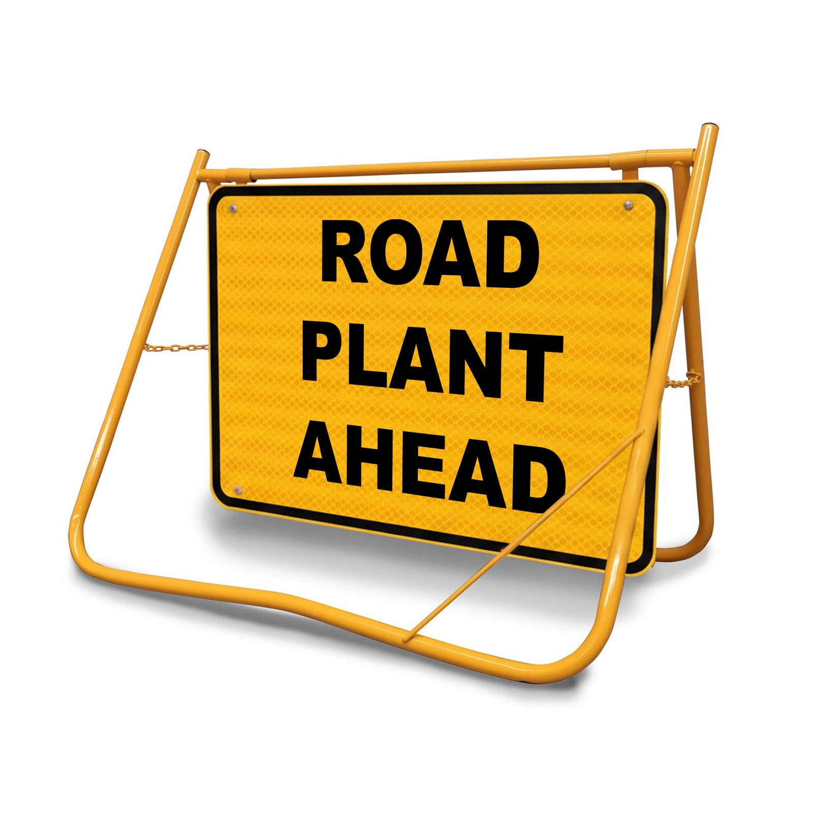 Road Plant Ahead Swing Stand Sign, 900x600mm Class 1 Reflective Galvanised Steel Traffic Sign on Yellow Folding Frame.