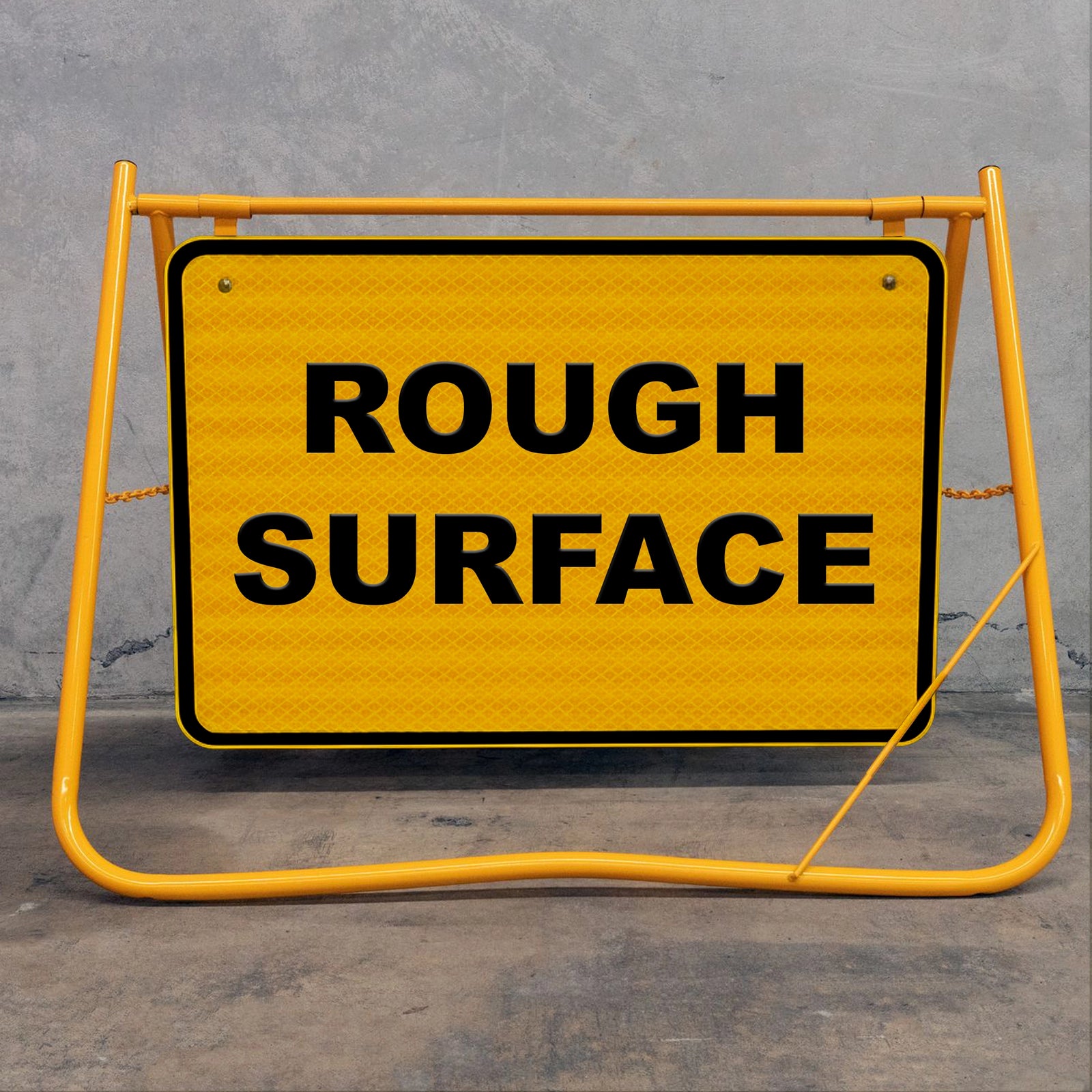 The yellow powder-coated frame and galvanised metal construction offer superior protection against rust and impact, ideal for the dust and vibration of road maintenance sites.