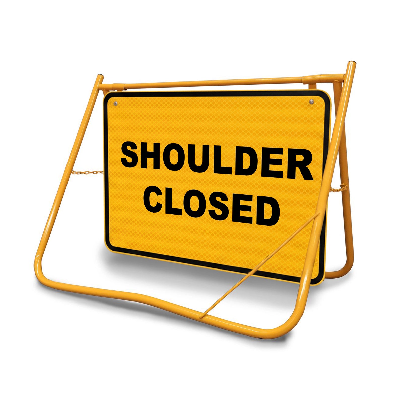 [Shoulder Closed Swing Stand Sign], featuring a Class 1 reflective 900x600mm panel on a yellow folding steel frame.