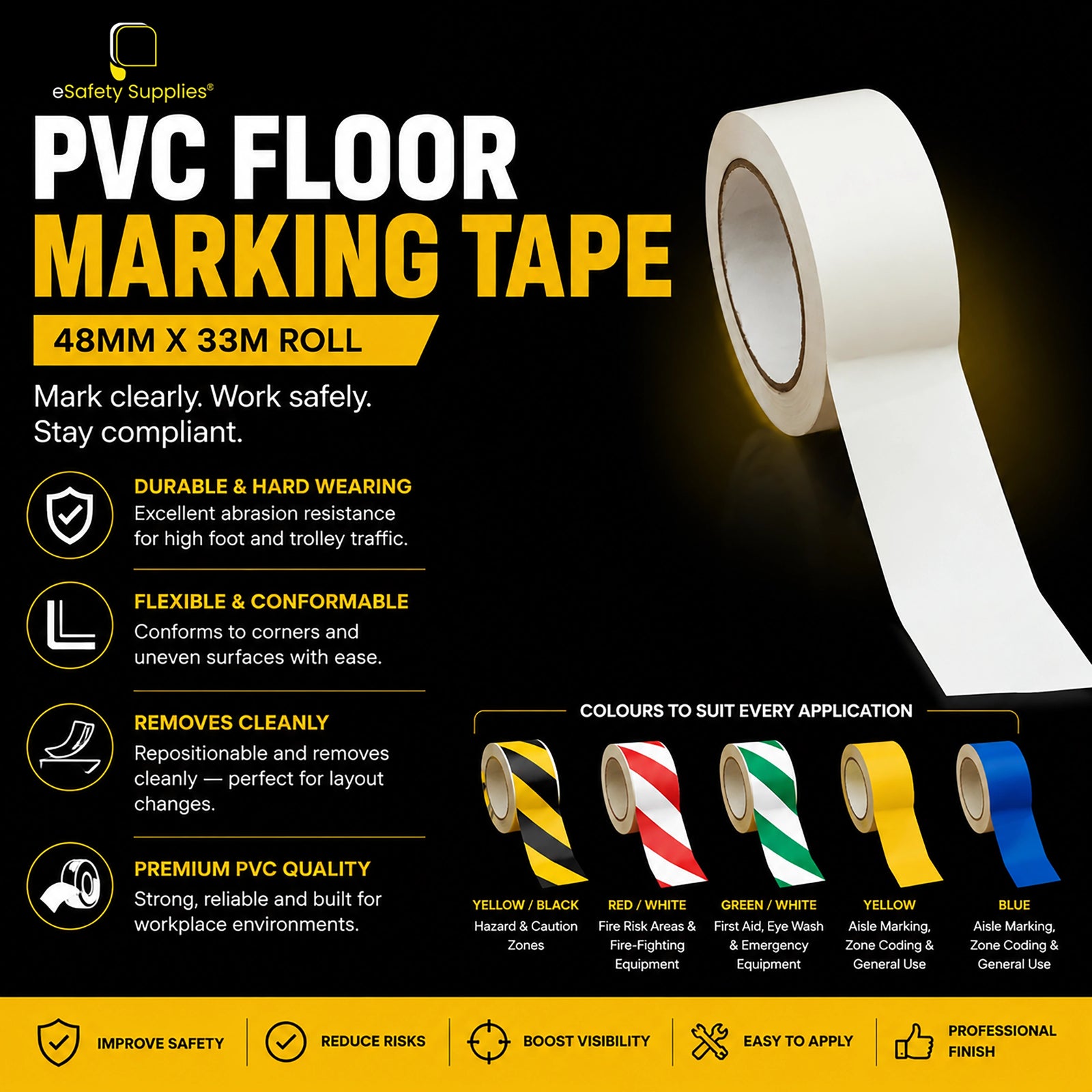 A roll of tough PVC safety floor marking tape, available in high-visibility striped and plain colors, designed to mark out walkways and hazard zones on concrete floors.