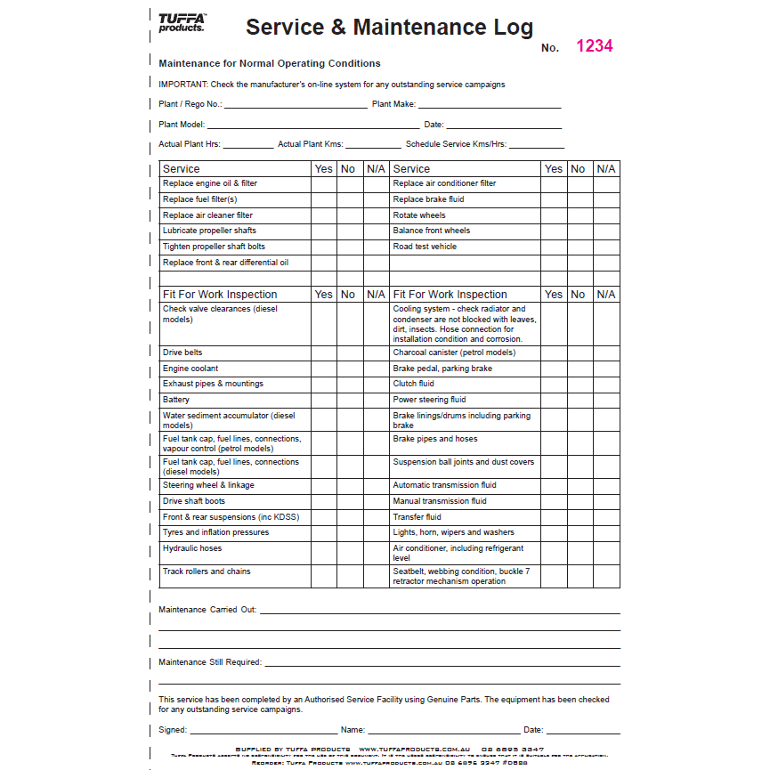 Service & Maintenance Logbook 3.5 kg