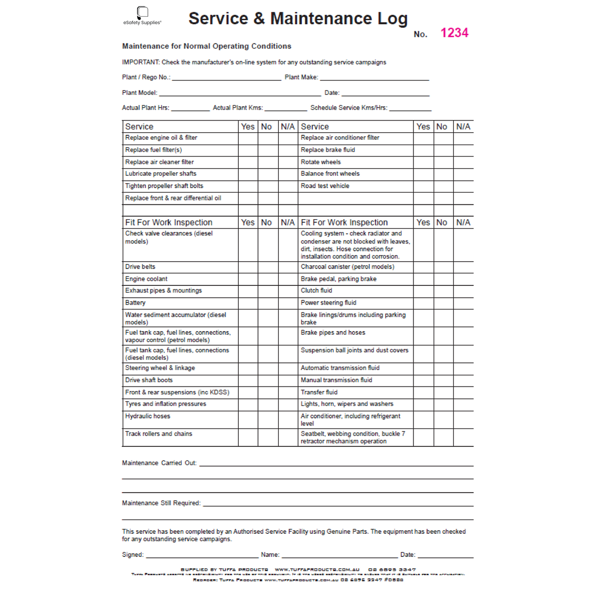 Service & Maintenance Logbook