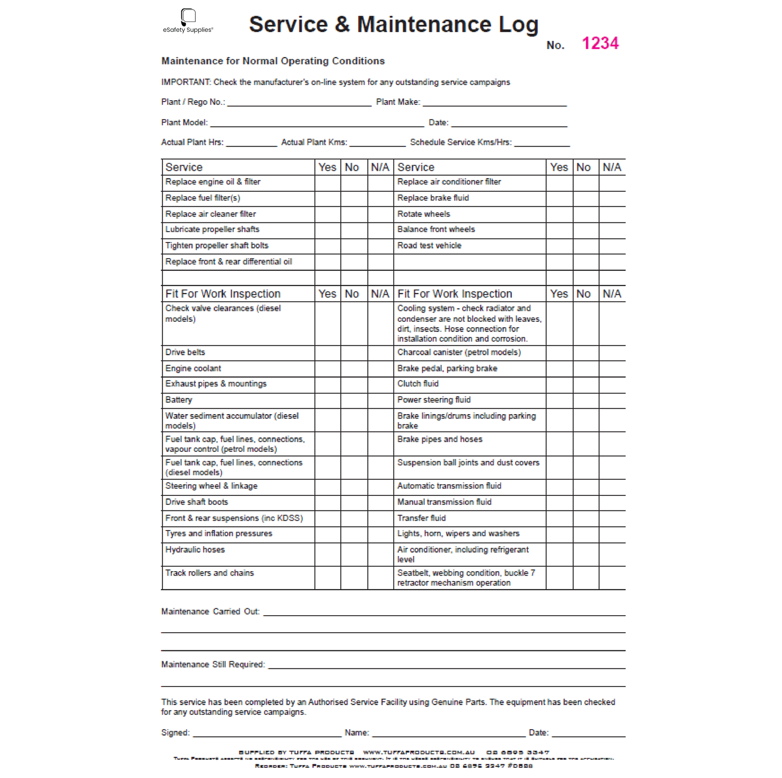 Service & Maintenance Logbook