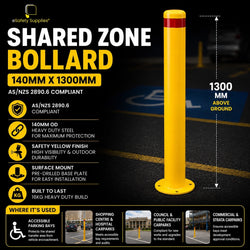 Heavy-duty 140mm x 1300mm powdercoated safety yellow steel surface mount bollard with a welded 10mm base plate for accessible parking shared zones.