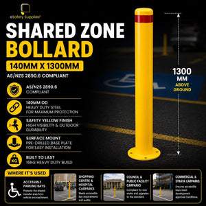 Heavy-duty 140mm x 1300mm powdercoated safety yellow steel surface mount bollard with a welded 10mm base plate for accessible parking shared zones.
