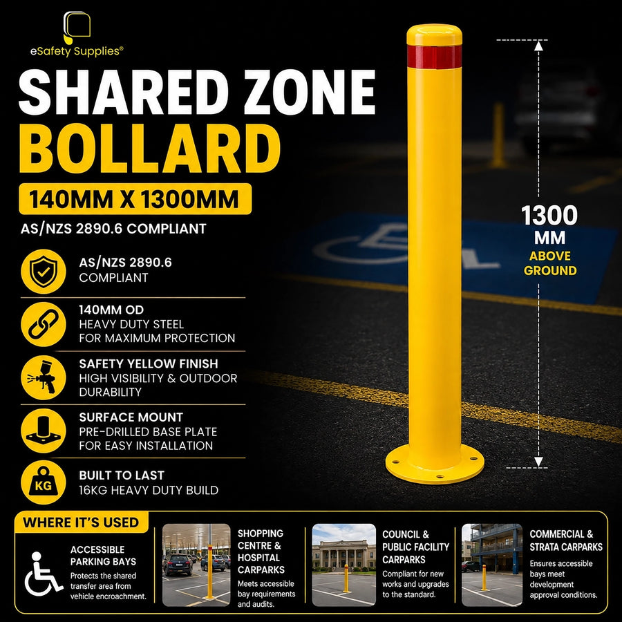 Heavy-duty 140mm x 1300mm powdercoated safety yellow steel surface mount bollard with a welded 10mm base plate for accessible parking shared zones.