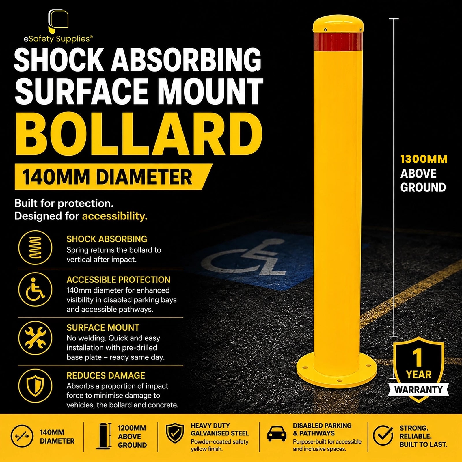 Shock Absorbing Surface Mount Bollard - 140mm (Disabled)
