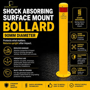 Powdercoated yellow 90mm spring-loaded steel surface mount bollard with an internal shock-absorbing mechanism and pre-drilled base plate.