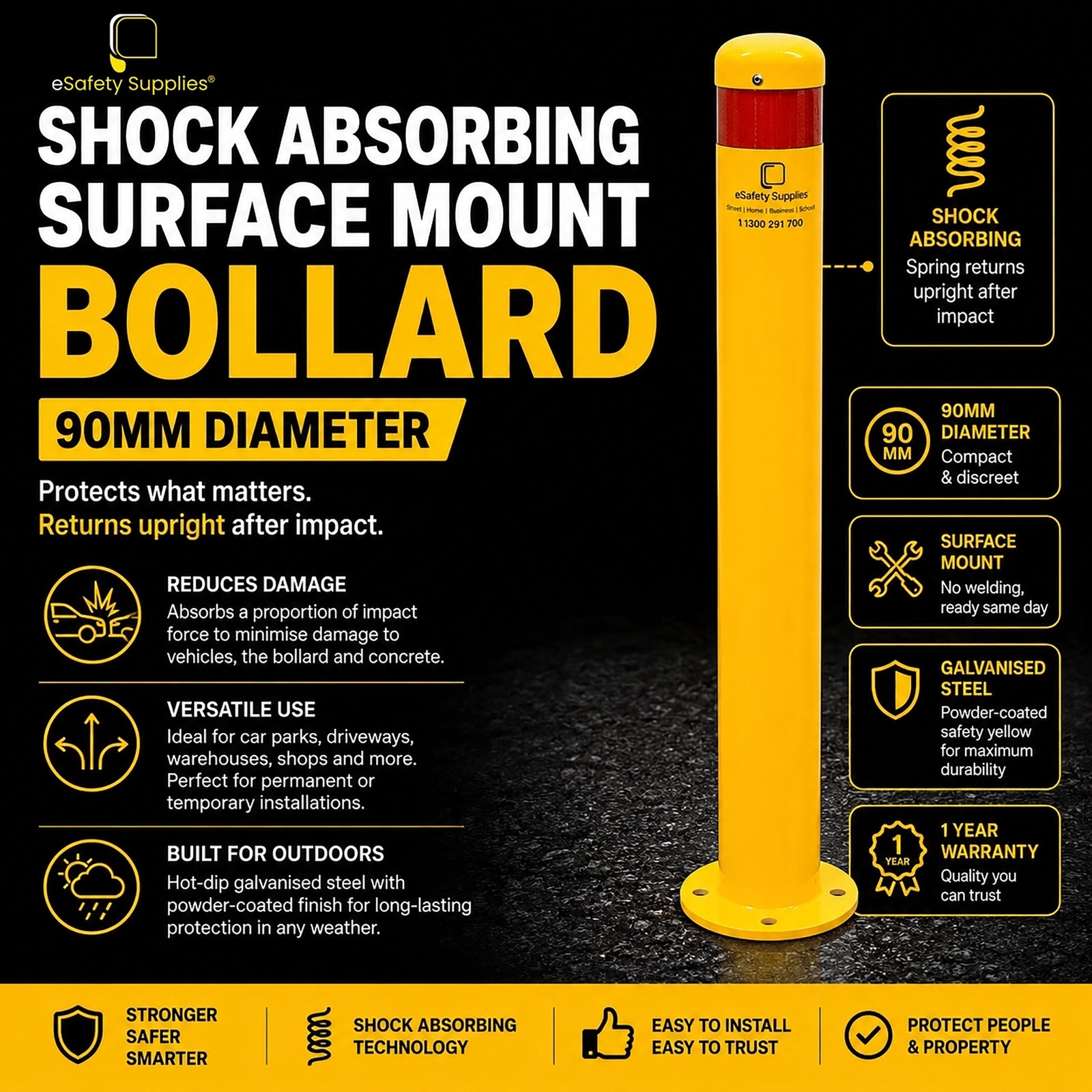 Powdercoated yellow 90mm spring-loaded steel surface mount bollard with an internal shock-absorbing mechanism and pre-drilled base plate.