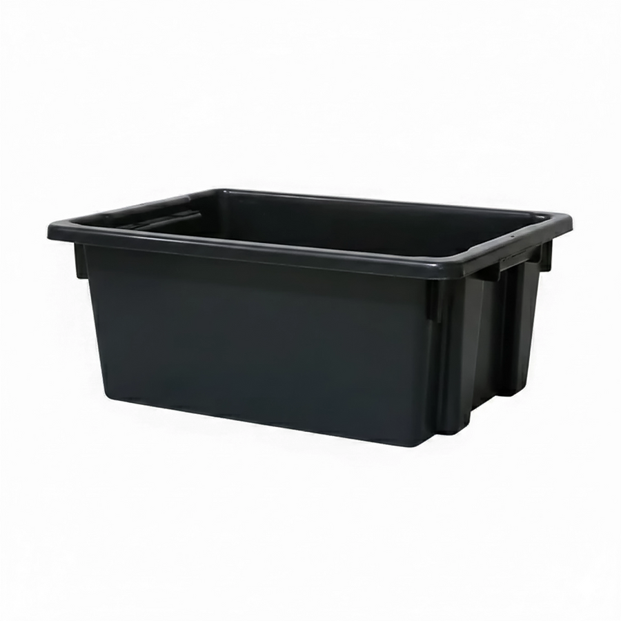 Heavy-duty recycled polypropylene storage container with tapered sides for nesting and ribbed base for stacking strength.