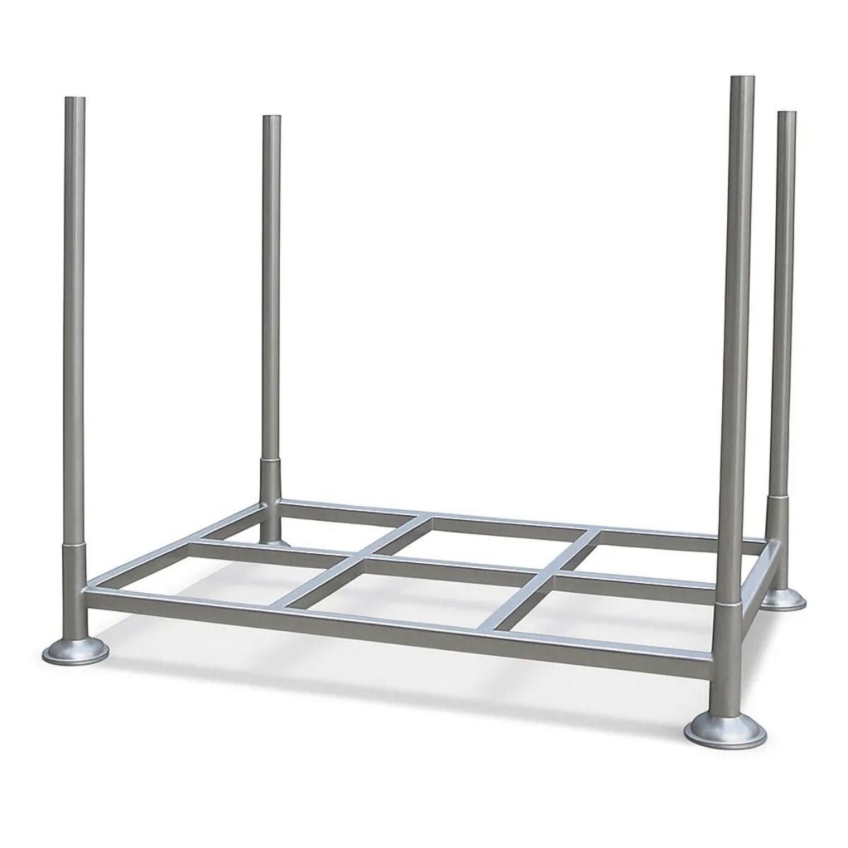 A metal stackable stillage with a mesh design, featuring four vertical legs and a hot dip galvanised finish.