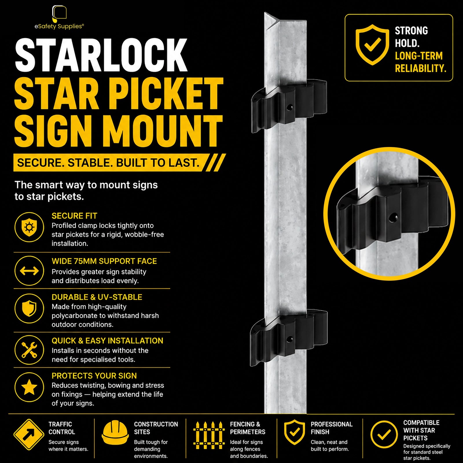 Rear view of the StarLock Picket Bracket locked onto a steel star picket, highlighting the 120° clamp angle profile and stainless steel hex socket screw.