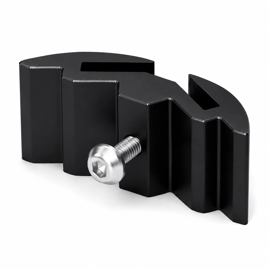 [StarLock Star Picket Sign Mount], heavy-duty 75mm wide UV-resistant black polycarbonate sign mounting bracket showing the integrated mechanical clamping channel.