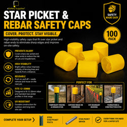 Pack of bright yellow UV-resistant plastic safety caps designed to push-fit over 12mm to 20mm rebar and star picket tops.