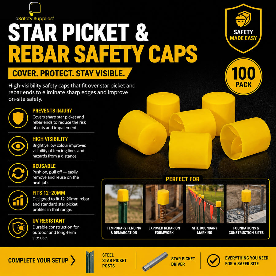 Pack of bright yellow UV-resistant plastic safety caps designed to push-fit over 12mm to 20mm rebar and star picket tops.