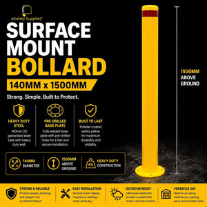Heavy-duty yellow 140mm x 1500mm tall steel surface mount bollard with a welded 4-hole base plate for high-visibility site protection.