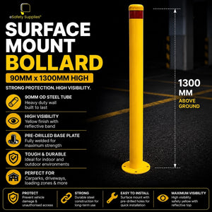High-visibility yellow 90mm x 1300mm steel surface mount bollard with a welded 4-hole base plate for tall visual deterrence.