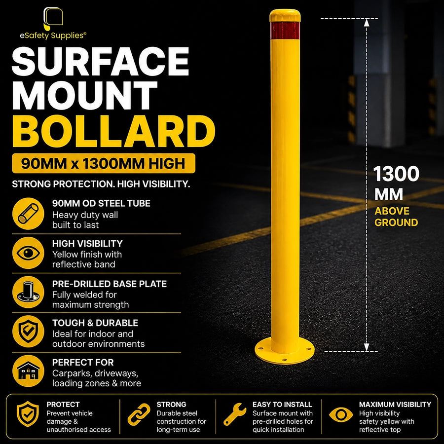High-visibility yellow 90mm x 1300mm steel surface mount bollard with a welded 4-hole base plate for tall visual deterrence.