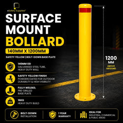 Heavy-duty powdercoated safety yellow 140mm x 1200mm steel surface mount bollard with a fully welded 4-hole base plate.