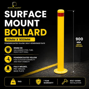 Powdercoated safety yellow 90mm x 900mm steel surface mount bollard with a welded 4-hole base plate.