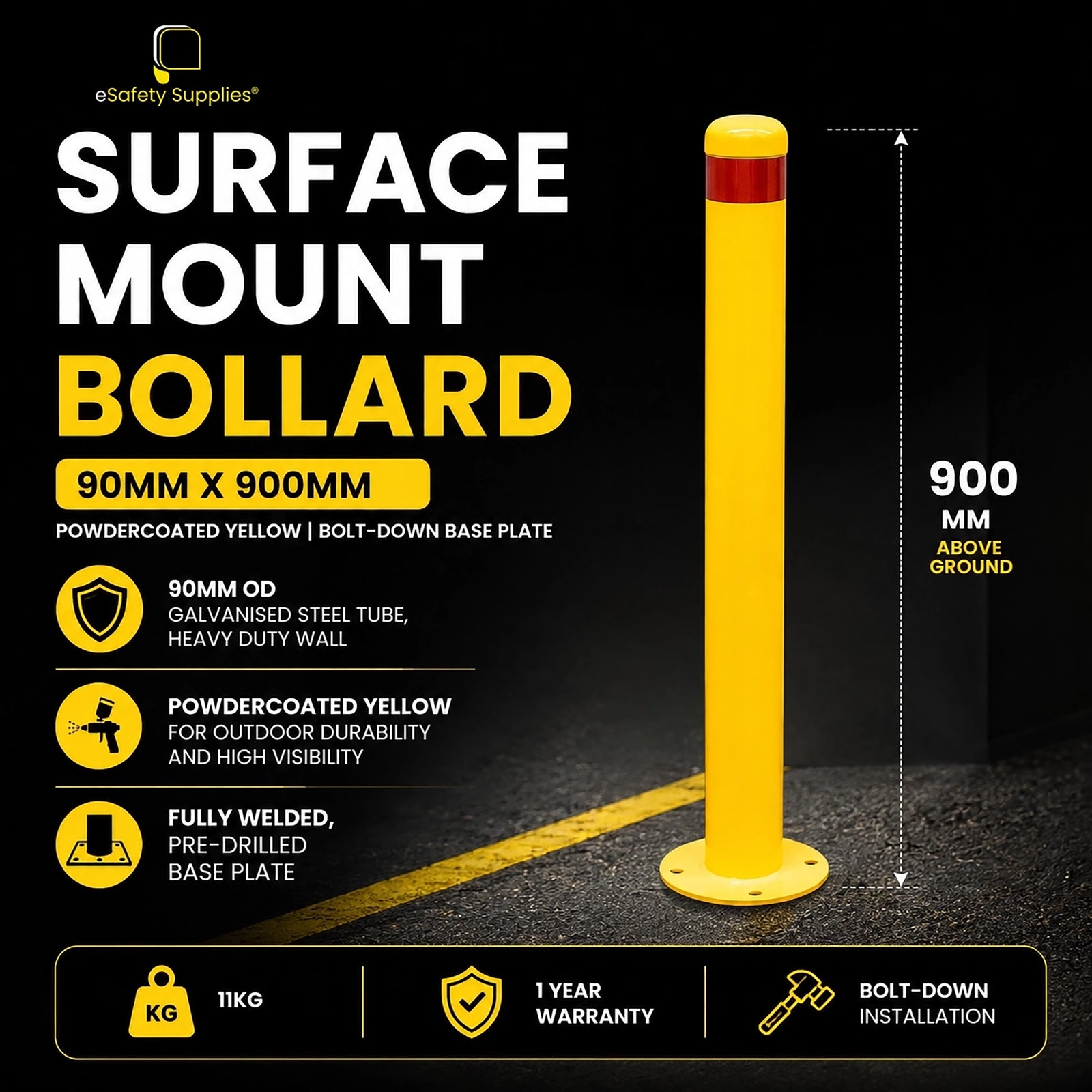 Powdercoated safety yellow 90mm x 900mm steel surface mount bollard with a welded 4-hole base plate.