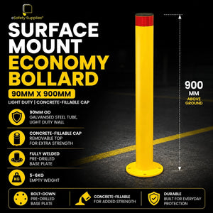 Powdercoated yellow 90mm x 900mm eConomy steel surface mount bollard with a removable top cap for concrete filling and a pre-drilled base plate.