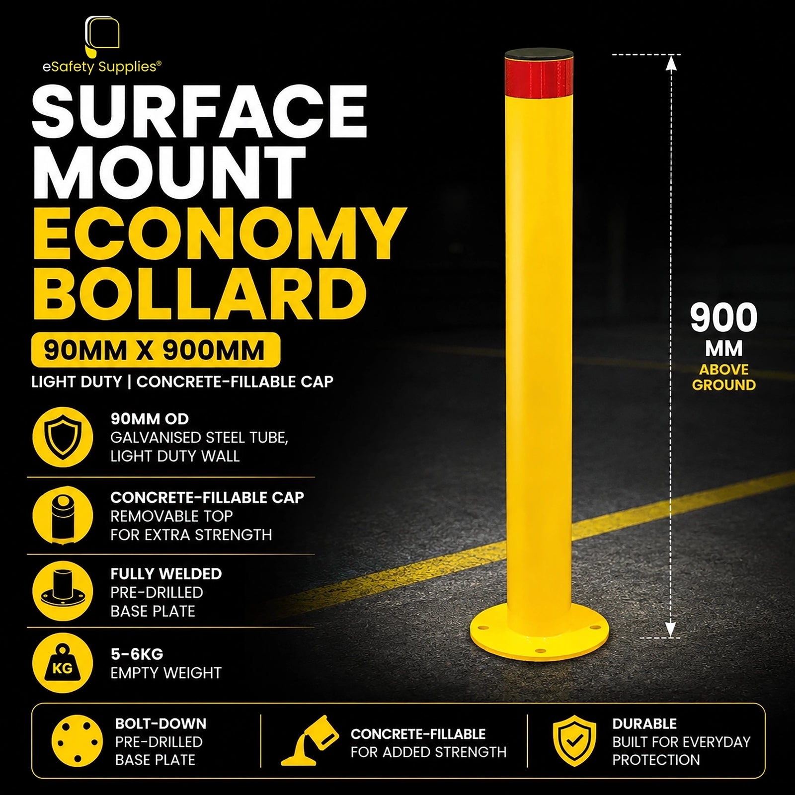 Powdercoated yellow 90mm x 900mm eConomy steel surface mount bollard with a removable top cap for concrete filling and a pre-drilled base plate.