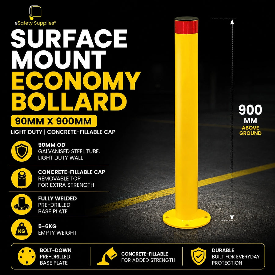 Powdercoated yellow 90mm x 900mm eConomy steel surface mount bollard with a removable top cap for concrete filling and a pre-drilled base plate.
