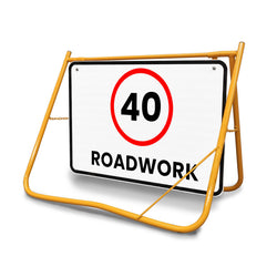 [40km Roadwork Swing Stand Sign], Class 1 reflective temporary traffic sign on a yellow powder-coated fold-flat frame.