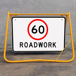 60km/h Roadwork Speed Sign positioned on a roadside verge, demonstrating high-visibility traffic control on an active civil site.