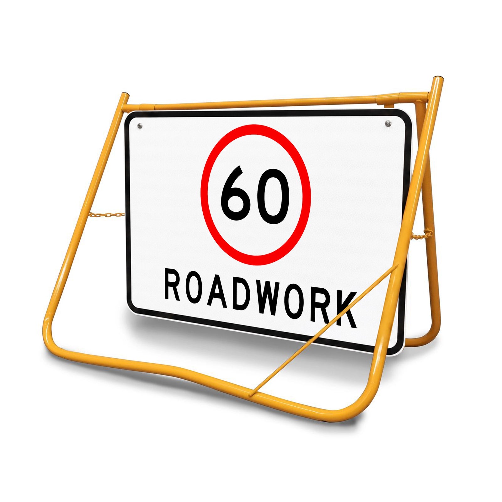 [60km Roadwork Swing Stand Sign], Class 1 reflective temporary traffic sign on a yellow powder-coated fold-flat frame.