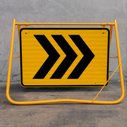 Side view of the Galvanised Steel Chevron Sign Stand Frame, showing the foldable leg mechanism for compact utility transport.