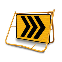 [Chevron Swing Stand Sign], Class 1 reflective temporary traffic sign on a yellow powder-coated fold-flat frame.