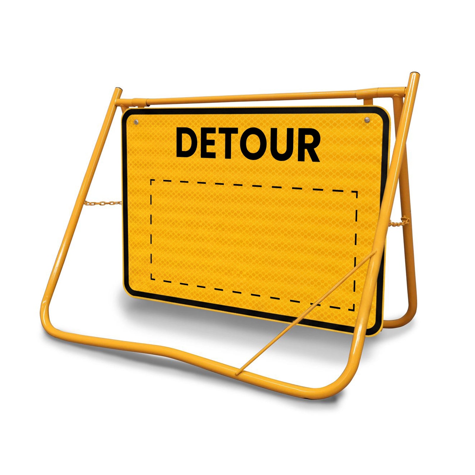 [Detour Swing Stand Sign], Class 1 reflective temporary traffic sign on a yellow powder-coated fold-flat frame.