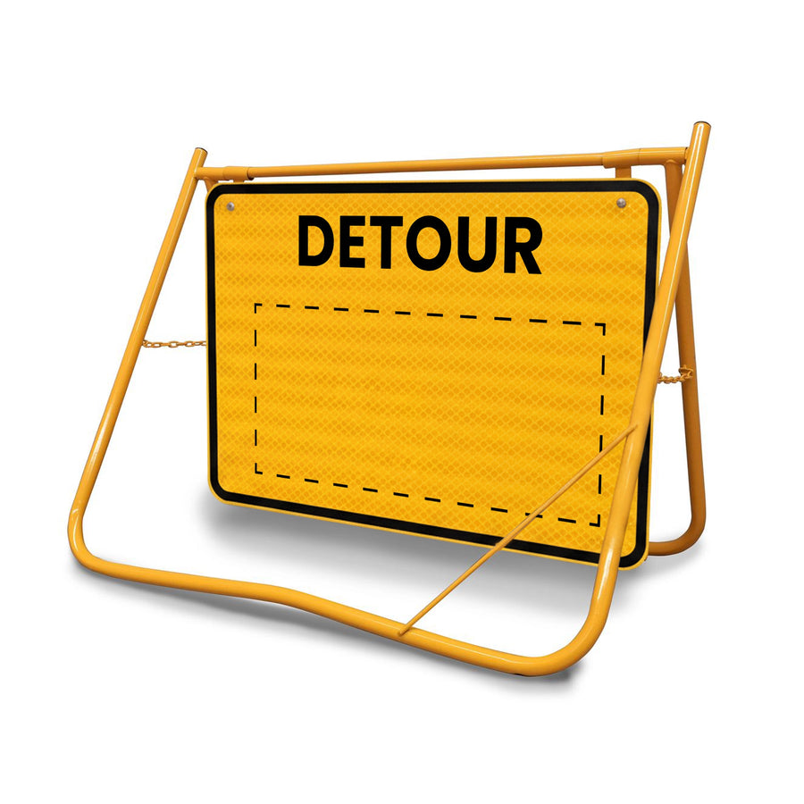[Detour Swing Stand Sign], Class 1 reflective temporary traffic sign on a yellow powder-coated fold-flat frame.