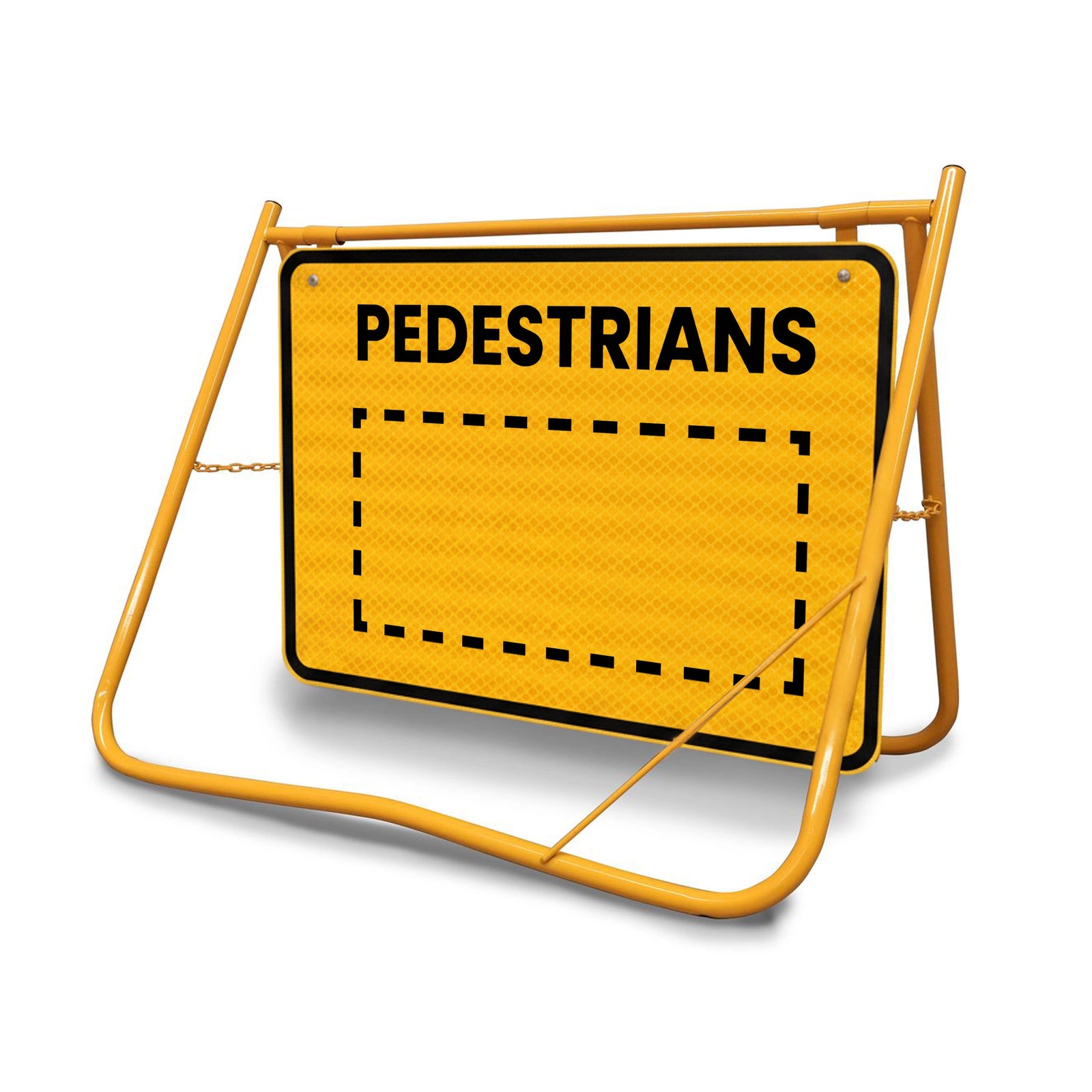 [Pedestrians Swing Stand Sign], Class 1 reflective temporary traffic sign on a yellow powder-coated fold-flat frame.
