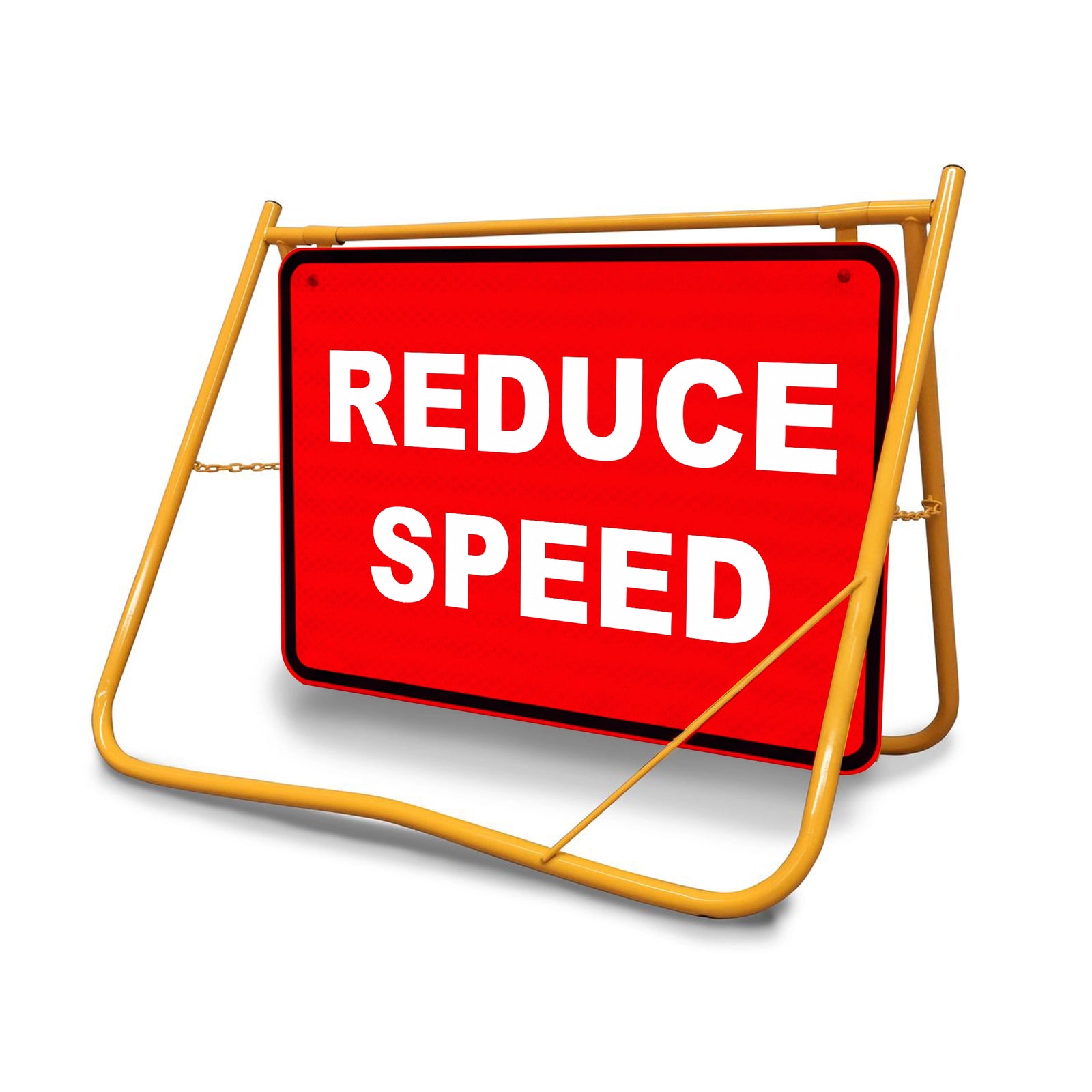 [Reduce Speed Swing Stand Sign], Class 1 reflective temporary traffic sign on a yellow powder-coated fold-flat frame.