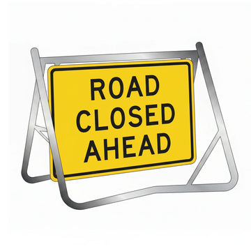 Swing Stand and Road Closed Ahead Sign, 900x600mm Class 1 Reflective Traffic Control Sign on Yellow Galvanised Steel Frame.