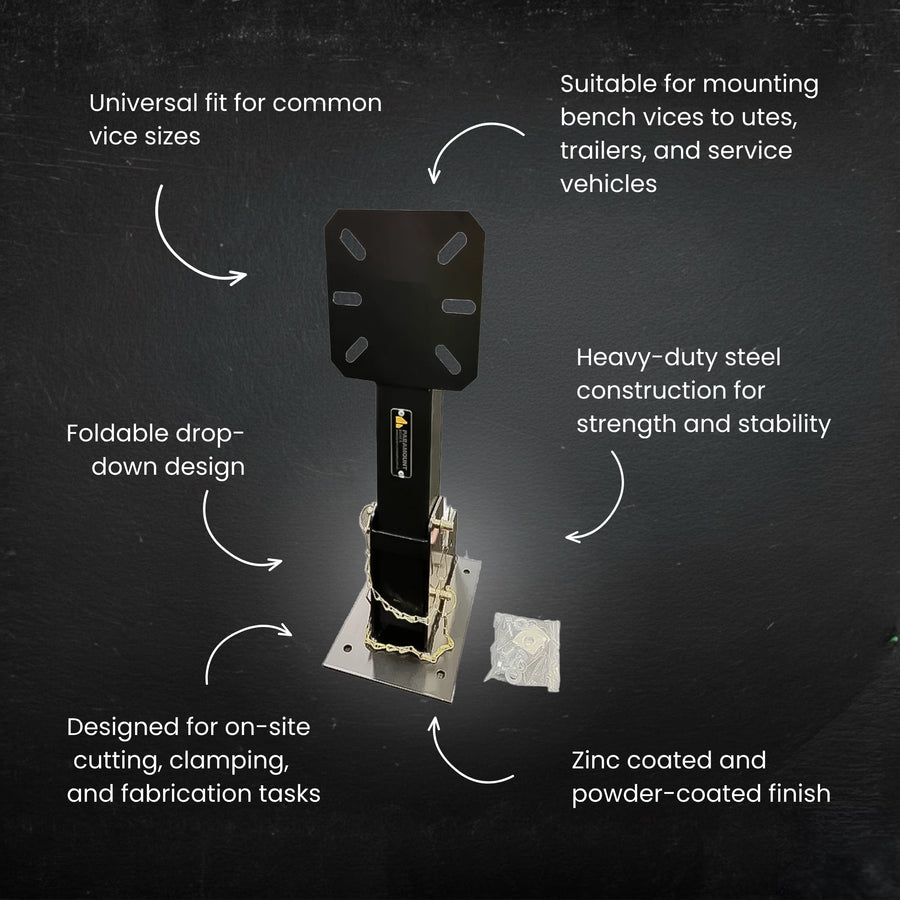 The 200mm x 280mm base provides a wide footprint for secure mounting to ute trays, trailers, or service bodies, ensuring minimal vibration during heavy work.