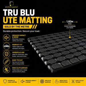 Heavy-duty TRU BLU rubber ute matting with a non-slip textured surface, rolled out on a utility vehicle tray to prevent cargo slippage.
