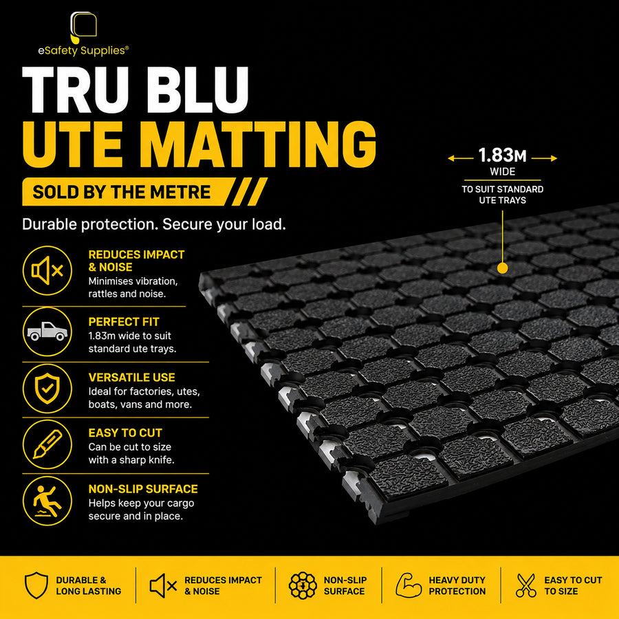Heavy-duty TRU BLU rubber ute matting with a non-slip textured surface, rolled out on a utility vehicle tray to prevent cargo slippage.