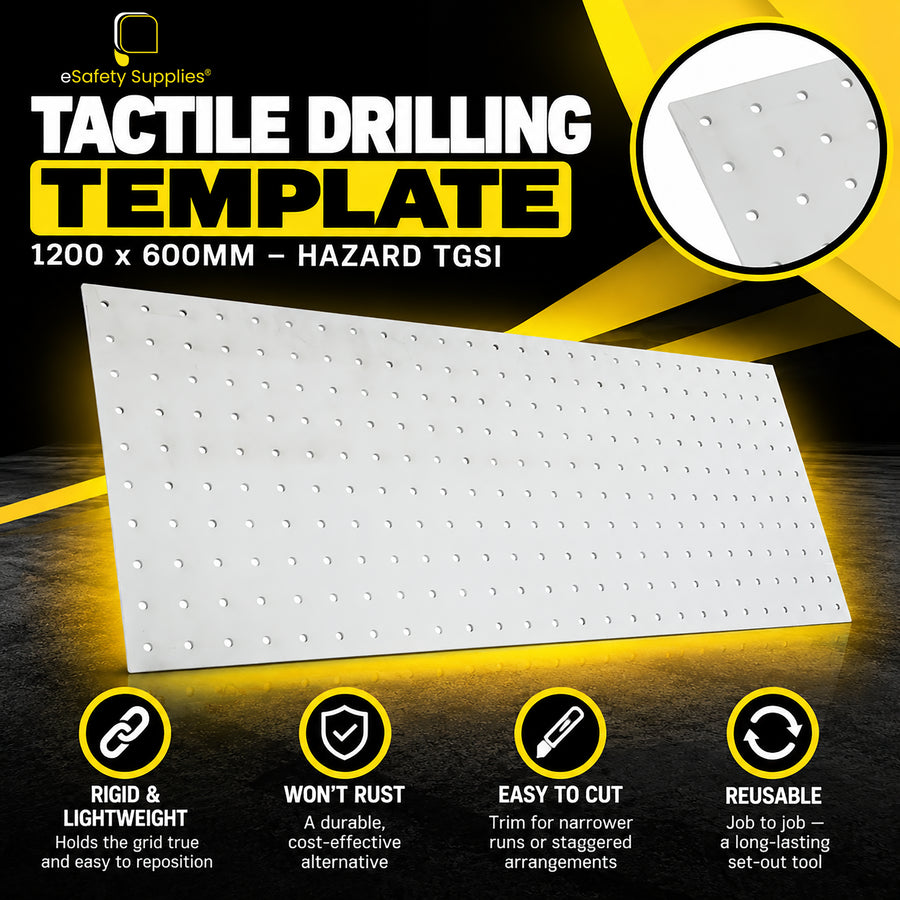 1200mm x 600mm white aluminium composite TGSI template featuring 288 pre-drilled 8mm holes arranged on a precise 50mm grid for hazard tactile installation.